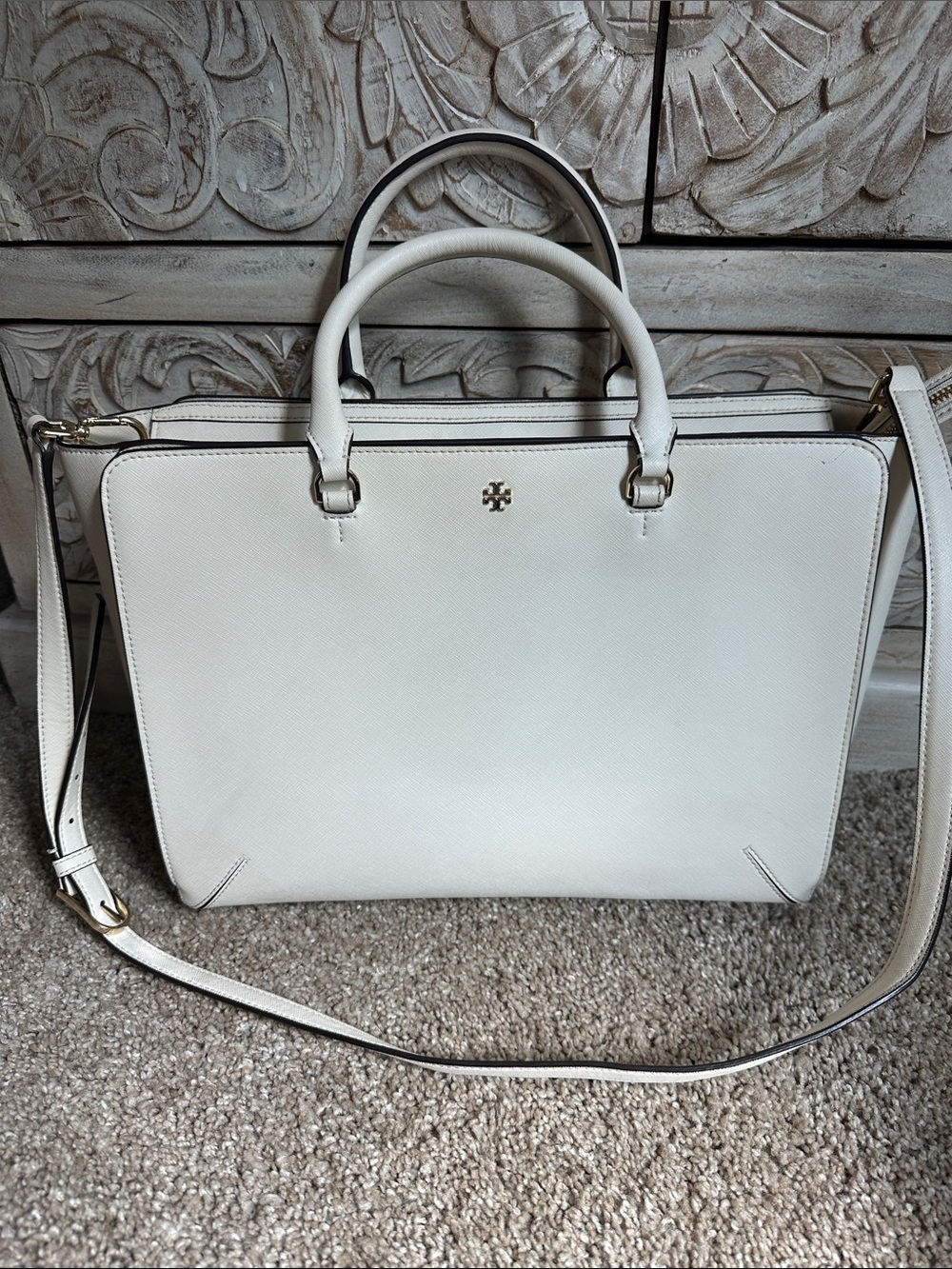 Tory Burch Cream Saffiano Leather Satchel with Detachable Strap